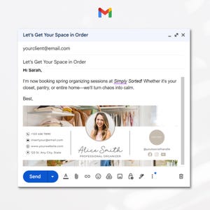 Op de afbeelding: E-mail met het onderwerp "Let's Get Your Space in Order" van Alice Smith, een professionele organisator. De e-mail bevat een foto van Alice en een call-to-action om een ​​voorjaarsorganisatiesessie bij Simply Sorted te boeken.