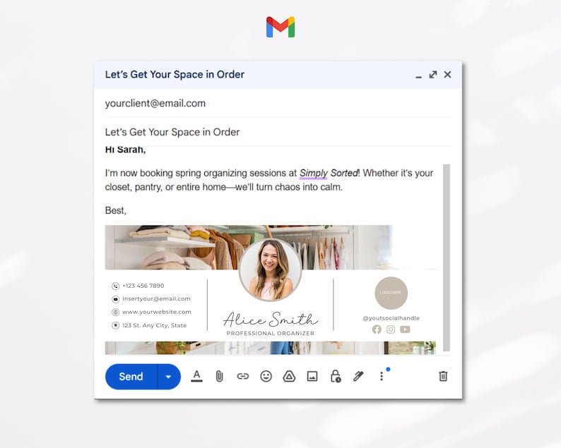 Op de afbeelding: E-mail met het onderwerp "Let's Get Your Space in Order" van Alice Smith, een professionele organisator. De e-mail bevat een foto van Alice en een call-to-action om een ​​voorjaarsorganisatiesessie bij Simply Sorted te boeken.