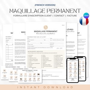 FRENCH (English) Formulaires de maquillage permanent, Formulaire de consentement PMU, Carte de soin après-vente, Consultation maquillage, Rougeur à lèvres, Microblading, Esthéticienne