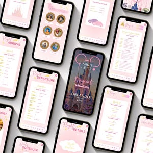 May include: A collection of pink and yellow digital phone screens with text that reads "Flight Arrival", "Flight Departure", "The Resort", "Daily Schedule", "Smith Family", "Magical Vacation Orlando 2025", "Flight Details", "Day 1", "Hollywood Studios", "Magic Kingdom".
