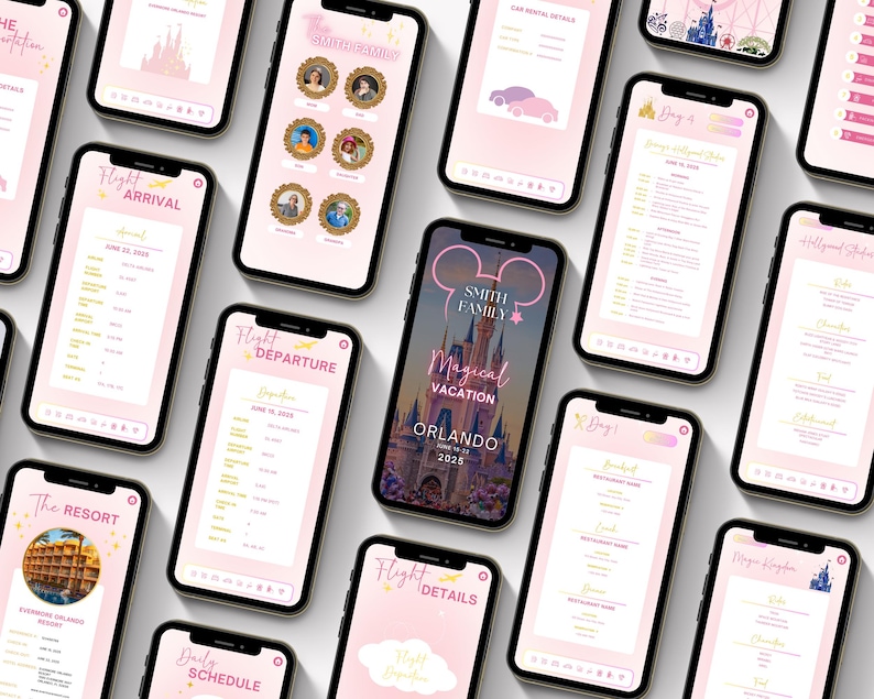 May include: A collection of pink and yellow digital phone screens with text that reads "Flight Arrival", "Flight Departure", "The Resort", "Daily Schedule", "Smith Family", "Magical Vacation Orlando 2025", "Flight Details", "Day 1", "Hollywood Studios", "Magic Kingdom".