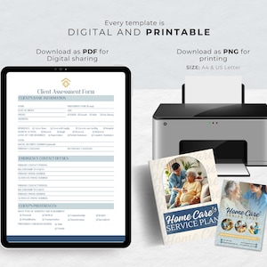 Pode incluir: Um formul&aacute;rio de avalia&ccedil;&atilde;o de clientes digital imprim&iacute;vel para servi&ccedil;os de cuidados domicili&aacute;rios. O formul&aacute;rio inclui se&ccedil;&otilde;es para as informa&ccedil;&otilde;es b&aacute;sicas do cliente, os detalhes de contato de emerg&ecirc;ncia e as prefer&ecirc;ncias do cliente. O formul&aacute;rio &eacute; exibido na tela de um tablet ao lado de uma impressora e dois folhetos para os servi&ccedil;os de cuidados domicili&aacute;rios.