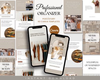 60 Instagram Post And Story For Professional Organizers, Professional Home Organizer Social Media Template, Home Organization Instagram