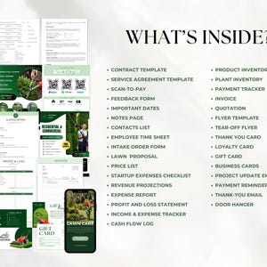 May include: A digital landscaping business bundle featuring various document templates including a contract, invoice, price list, and marketing materials. The text WHAT'S INSIDE? is displayed above a list of included items like a scan-to-pay form.