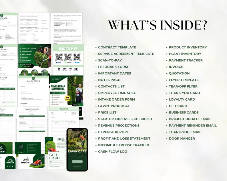 May include: A digital landscaping business bundle featuring various document templates including a contract, invoice, price list, and marketing materials. The text WHAT'S INSIDE? is displayed above a list of included items like a scan-to-pay form.