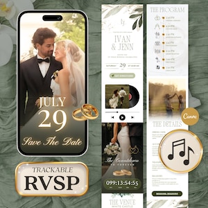 Könnte beinhalten: Digitales Hochzeitskarten-Design mit einem Foto eines Paares, goldenen Ringen und dem Text "July 29 Save The Date". Weitere Panels zeigen Hochzeitsdetails, ein Programm und einen RSVP-Button.