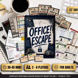 Peut inclure: Un kit de jeu Office Escape avec diverses cartes de puzzle, un plateau de jeu central et des accessoires. Le jeu comprend des énigmes, des cartes de projet et une minuterie, conçu pour 2 à 6 joueurs et dure 30 à 45 minutes.