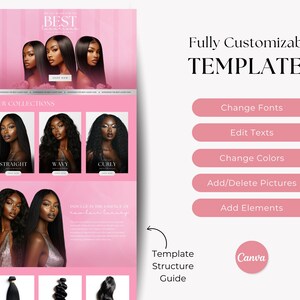 May include: Pink and white website template design featuring images of women with various hairstyles. The text includes "BEST," "OUR COLLECTIONS," and options to customize fonts, edit text, and change colors. The Canva logo is also visible.