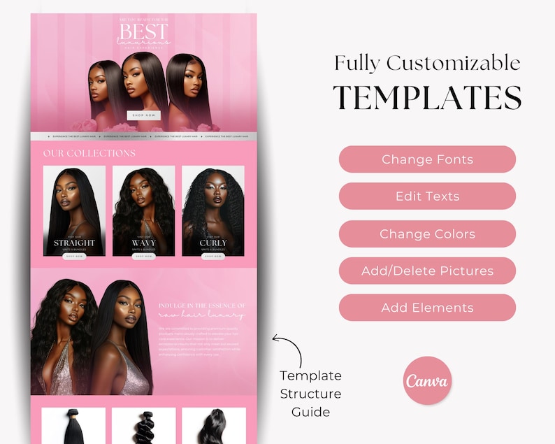 May include: Pink and white website template design featuring images of women with various hairstyles. The text includes "BEST," "OUR COLLECTIONS," and options to customize fonts, edit text, and change colors. The Canva logo is also visible.