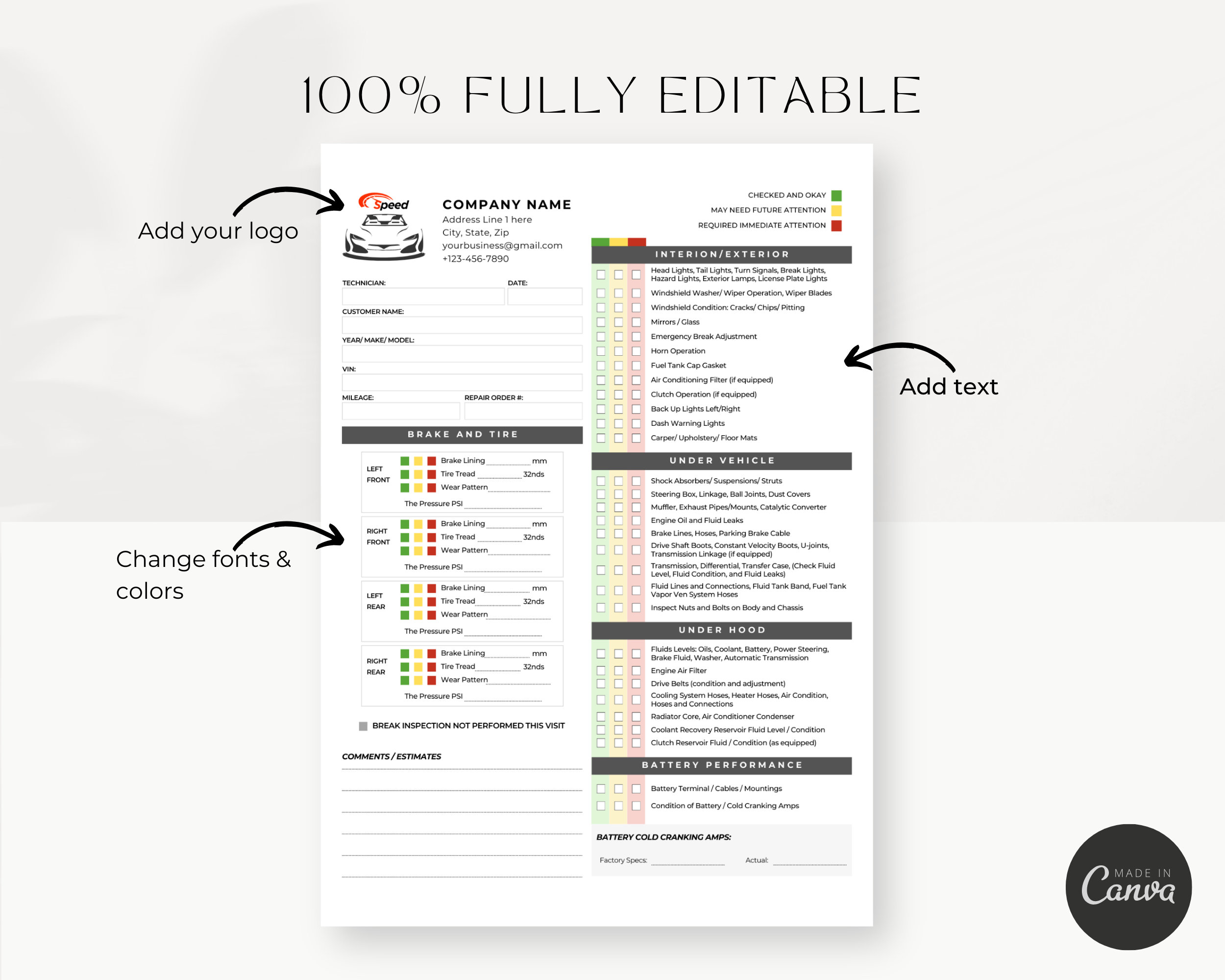 Printable Vehicle Inspection Report, CANVA Template Editable Car or ...
