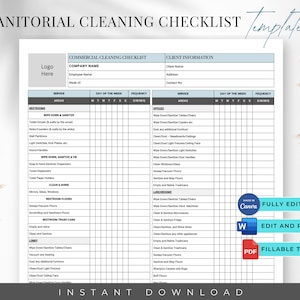 May include: A printable cleaning checklist template for commercial cleaning services. The checklist includes sections for restrooms, offices, lunchrooms, and a lobby. The template is fully editable and printable in PDF format. The checklist includes areas to be cleaned, days of the week, and frequency.