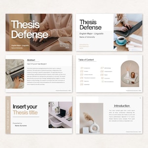 May include: A presentation slide deck for a thesis defense. The slides include a title slide, an abstract slide, a table of contents slide, and an introduction slide. The slides are designed in a minimalist style with a beige background and black text.