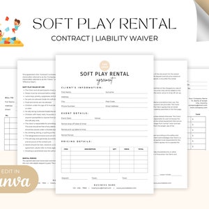 以下が含まれることがあります： ソフトプレイレンタル契約と免責事項の9ページセット。フォームは白地に黒文字です。「SOFT PLAY RENTAL」と「CONTRACT | LIABILITY WAIVER」の文字が見えます。「EDIT IN Canva」というフレーズも表示されています。