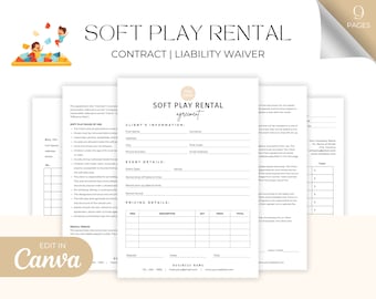 Vorlage für einen Mietvertrag für weiche Spielgeräte, bearbeitbare / druckbare Haftungsvereinbarung für Innenspielplätze, Rechnung, Angebot, CANVA
