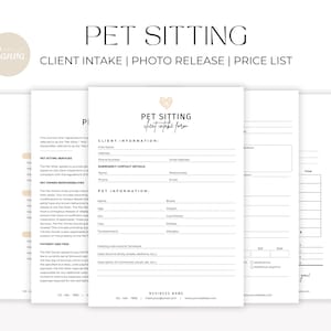 May include: A black and white printable pet sitting client intake form with sections for client information, emergency contact details, pet information, and payment and fees. The form includes fields for name, address, phone number, email address, pet breed, age, weight, and more.