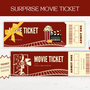 Plantilla de boleto de noche de cine imprimible, invitación sorpresa al cine, boleto de regalo editable para una cita nocturna, descarga instantánea para amantes del cine