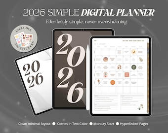 Simple Digital Planner 2026, Minimalist Planner for Goodnotes 2026 Planner Template Ipad Dated Daily Weekly Elegant Planner Monthly Calendar