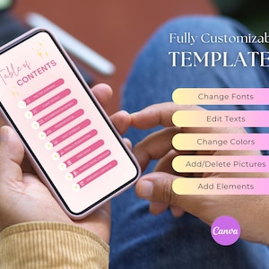 May include: A smartphone displaying a pink and yellow table of contents template with the text "Table of Contents" at the top. The screen shows a list of numbered items. The phone is being held by a person's hand. The image also shows a series of buttons with the text "Change Fonts", "Edit Texts", "Change Colors", "Add/Delete Pictures", "Add Elements", and "Canva".