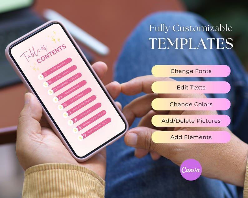 May include: A smartphone displaying a pink and yellow table of contents template with the text "Table of Contents" at the top. The screen shows a list of numbered items. The phone is being held by a person's hand. The image also shows a series of buttons with the text "Change Fonts", "Edit Texts", "Change Colors", "Add/Delete Pictures", "Add Elements", and "Canva".