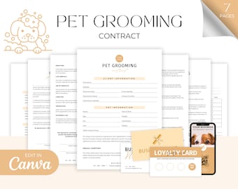 Pet Client Grooming Contract Agreement, Dog Grooming Services Agreement, Cat Client Contract Template, Editable Canva Template