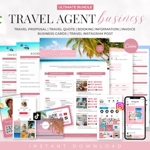 Puede incluir: Un kit de marketing digital rosa y blanco para agentes de viajes. El kit incluye una propuesta de viaje, presupuesto, información de reserva, factura, tarjetas de visita y plantillas de publicación de Instagram. El kit está diseñado para ayudar a los agentes de viajes a comercializar sus servicios y atraer nuevos clientes.