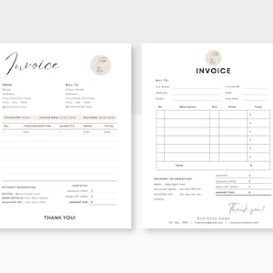 May include: A black and white invoice template with a minimalist design. The template includes sections for billing information, item description, quantity, price, total, payment information, and a thank you message.