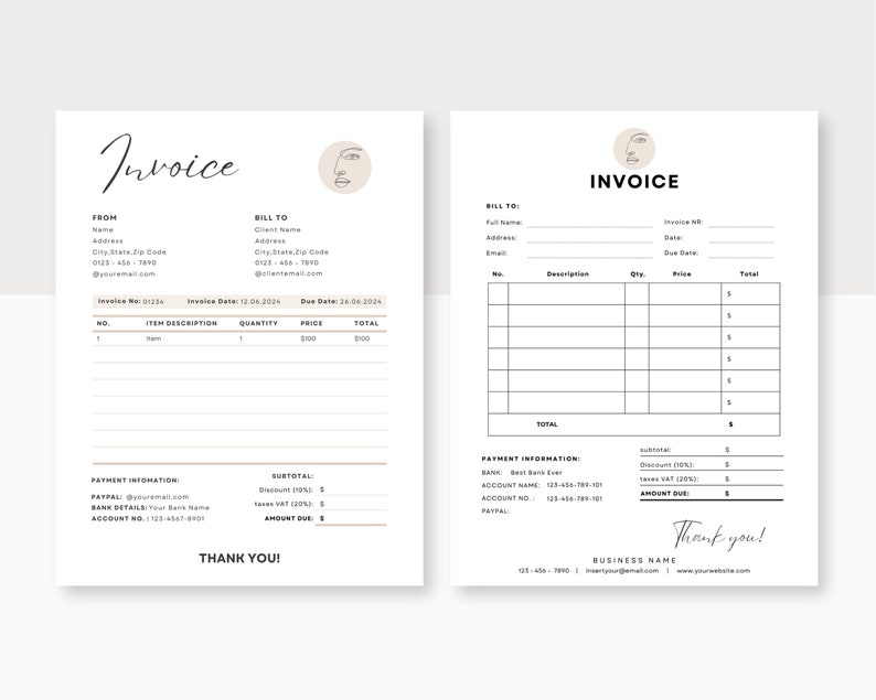 May include: A black and white invoice template with a minimalist design. The template includes sections for billing information, item description, quantity, price, total, payment information, and a thank you message.
