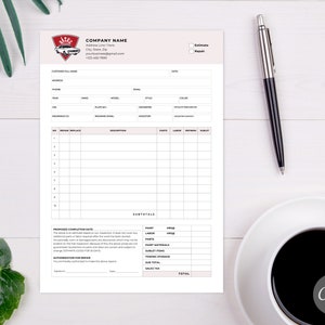 May include: A white and red automotive repair estimate form with a vintage car logo. The form includes sections for customer information, vehicle details, repair description, parts, labor, and subtotals. The form also includes a section for proposed completion date, authorization for repair, and a signature line.