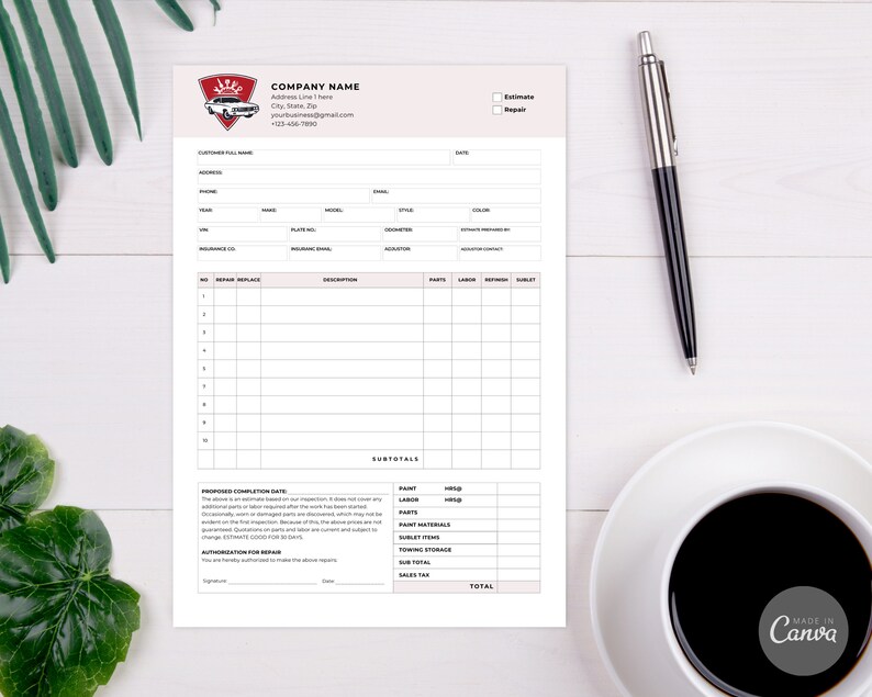 May include: A white and red automotive repair estimate form with a vintage car logo. The form includes sections for customer information, vehicle details, repair description, parts, labor, and subtotals. The form also includes a section for proposed completion date, authorization for repair, and a signature line.