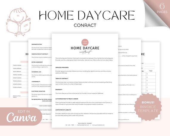 Editable Home Daycare Contract Template, Childcare Forms, Daycare Paperwork, Home Daycare Forms Package, Preschool