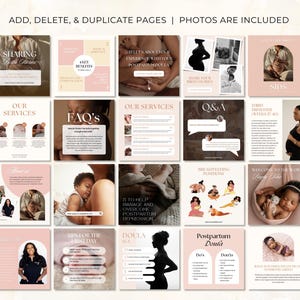May include: A collection of square graphics with text and photos on a light pink background. The graphics cover topics like birth stories, postpartum doula support, and breastfeeding positions. Text includes "Add, Delete, & Duplicate Pages | Photos Are Included."