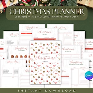 94-Page Christmas Planner Bundle, Printable Holiday Planner, Xmas Gift List & To-Do List, Editable Canva Template for Holiday Planning