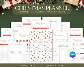 94-Page Christmas Planner Bundle, Printable Holiday Planner, Xmas Gift List & To-Do List, Editable Canva Template for Holiday Planning