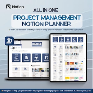 May include: A digital project management Notion planner displayed on a laptop and tablet screen. The interface features blue navigation buttons, task lists, and team directory sections with the text ALL IN ONE PROJECT MANAGEMENT NOTION PLANNER.