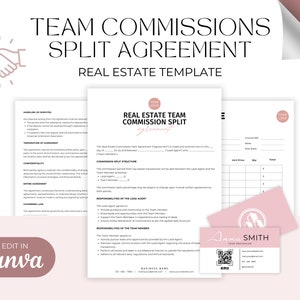 May include: A pink and white printable real estate team commission split agreement template. The document includes sections for handling disputes, termination of agreement, confidentiality, and responsibilities of the lead agent and team member. The template also includes a business card mockup with a pink and white color scheme.