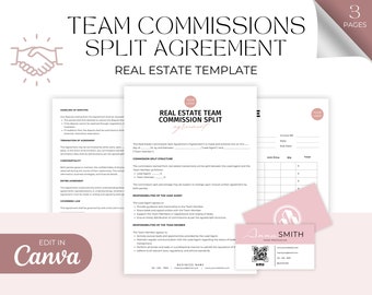 Plantilla editable de acuerdo dividido de comisiones del equipo inmobiliario, Contrato de acuerdo dividido de agente inmobiliario, Acuerdo de comisión de venta de vivienda Canva
