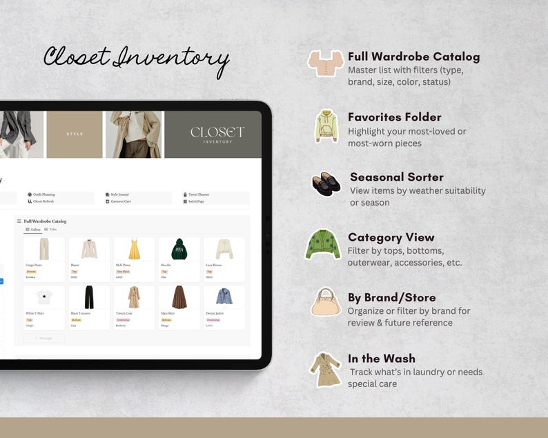 May include: A digital tablet shows the "Closet Inventory" app interface. The screen displays a full wardrobe catalogue with clothing items. The app features include a favourites folder, seasonal sorter, category view, brand/store filter, and an "in the wash" section.