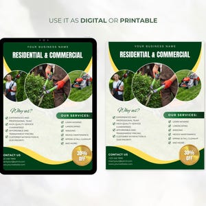 K&ouml;nnte beinhalten: Ein gr&uuml;ner und gelber Flyer mit dem Text "Wohn- & Gewerbefl&auml;chen" und "Warum wir?" und "Unsere Leistungen:" mit einer Liste von Dienstleistungen, darunter Rasenm&auml;hen, Landschaftsgestaltung, Unkrautj&auml;ten, Heckenpflege, Fr&uuml;hjahr- und Herbstreinigung und mehr. Der Flyer enth&auml;lt au&szlig;erdem einen Rabatt von 30%.