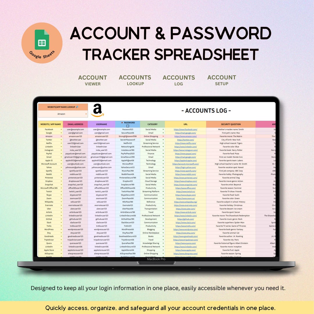 Accounts & Password Tracker, Google Sheets Microsoft Excel Spreadsheet ...