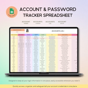 Rastreador de cuentas y contraseñas, Hojas de cálculo de Google, Plantilla de hoja de cálculo de Microsoft Excel, Registro de contraseñas, Rastreador de cuentas, Organizador y administrador de contraseñas