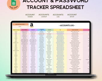 Accounts & Password Tracker, Google Sheets Microsoft Excel Spreadsheet Template Password Log Account Tracker Password Keeper and Organizer