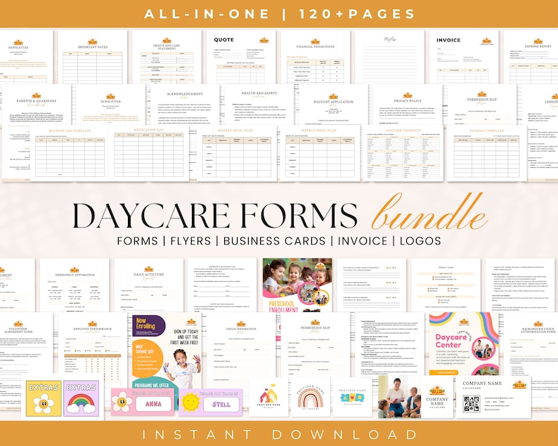 May include: A digital download bundle of daycare forms, flyers, business cards, invoices, and logos. The bundle includes a variety of forms, such as a registration form, a health and safety form, a daily activity log, and a permission slip. The bundle also includes flyers, business cards, and logos that can be used to promote the daycare.