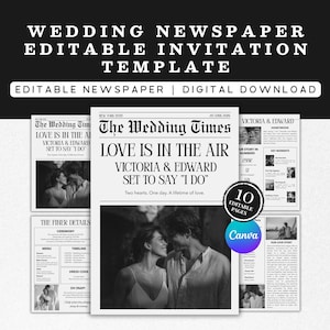 May include: A wedding newspaper invitation template with a vintage aesthetic. The headline reads "WEDDING NEWSPAPER EDITABLE INVITATION TEMPLATE." The main image shows a newspaper with the headline "LOVE IS IN THE AIR." The template includes 10 editable pages.