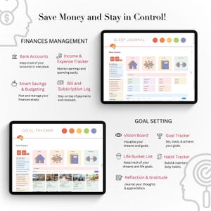 Pu&ograve; includere: Immagine di tre tablet digitali che mostrano strumenti finanziari e di definizione degli obiettivi. Il tablet superiore mostra un diario del sonno, il secondo un tracker degli obiettivi e il terzo si concentra sulle finanze. Testo: "Save Money and Stay in Control!"
