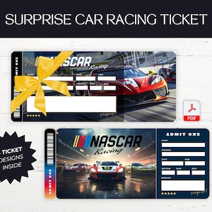 Bearbeitbare Nassar-Überraschungsautorennen-Geschenkvorlage, Nascar-Andenken, Faux-Souvenir, Geschenkkarte, Sportevent-Stub, druckbare PDF-Datei