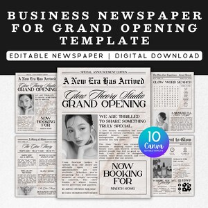 May include: A digital newspaper template for a grand opening, featuring a vintage design with the headline "Business Newspaper for Grand Opening Template." The template includes sections with text and images, promoting a beauty studio. The text reads "Now Booking for March 2026."