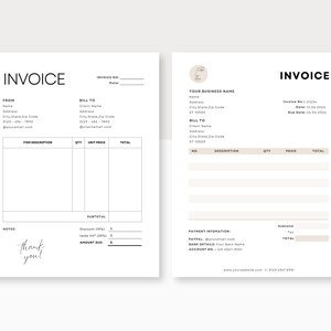 May include: A minimalist black and white invoice template with a beige background. The template includes sections for "From", "Bill To", "Item Description", "Qty", "Unit Price", "Total", "Subtotal", "Discount", "Tax", "Amount Due", "Payment Information", "Paypal", "Bank Details", "Account No.", and "Notes". The template also includes a thank you message.