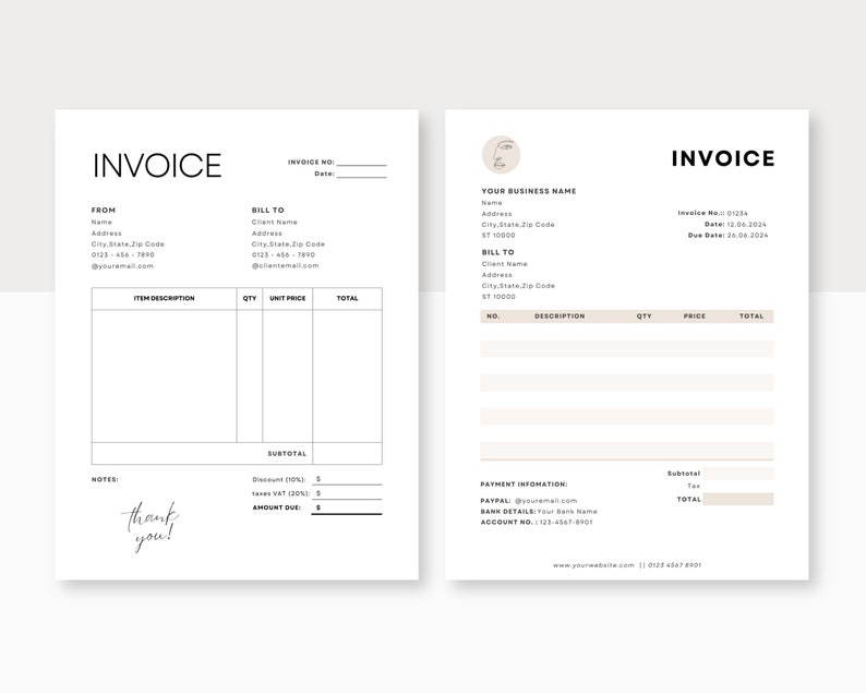 May include: A minimalist black and white invoice template with a beige background. The template includes sections for "From", "Bill To", "Item Description", "Qty", "Unit Price", "Total", "Subtotal", "Discount", "Tax", "Amount Due", "Payment Information", "Paypal", "Bank Details", "Account No.", and "Notes". The template also includes a thank you message.