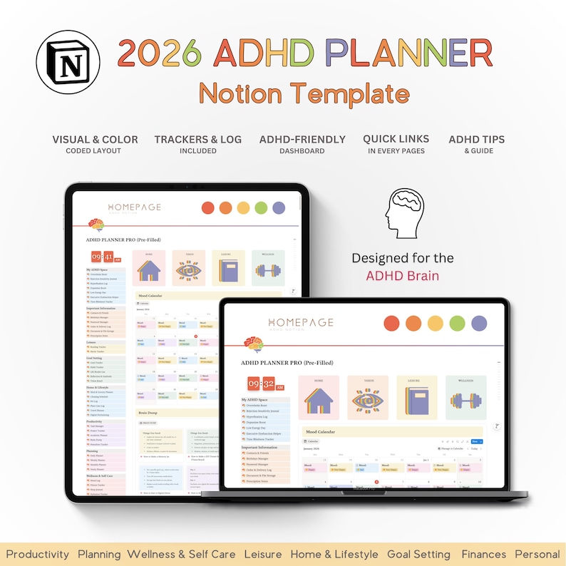Pu&ograve; includere: Un pianificatore digitale, il "2026 ADHD PLANNER Notion Template", visualizzato su un tablet e un laptop. L'interfaccia &egrave; colorata e intuitiva, con sezioni per il monitoraggio e la registrazione, progettata per il cervello ADHD.