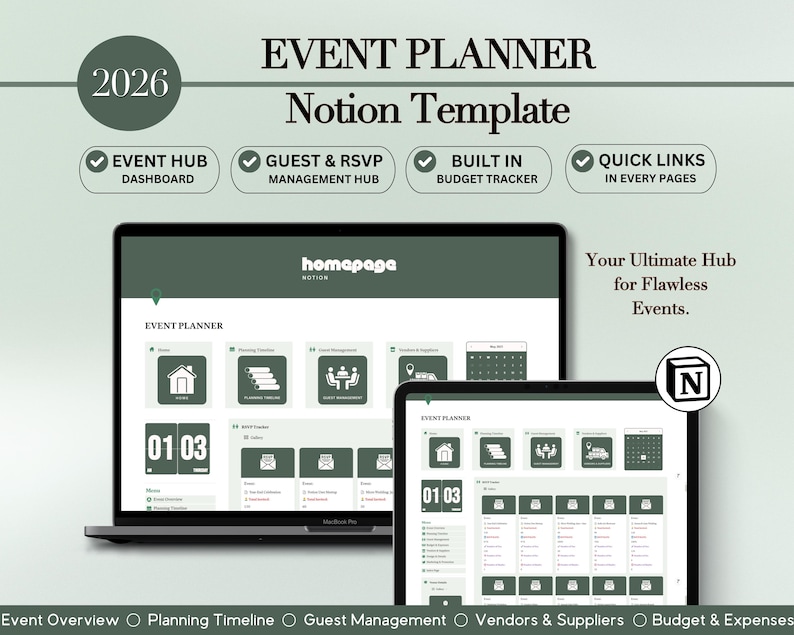 Planificador de eventos Notion, plantilla Notion, panel de control Notion, planificador de eventos para productividad y organización, planificador de eventos imagen 1